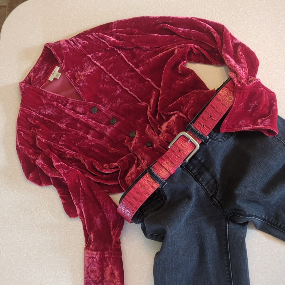 J Jill Dark Red Crushed Velvet Button Up Top - Petite Medium